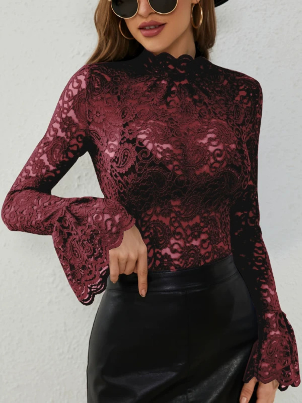 Womens Sexy Paisley Lace Slimming Bell Sleeve Top